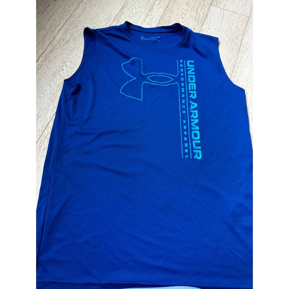 Under Armour Mens HeatGear Sleeveless Performance Shirt Blue Logo Tank Top YXL